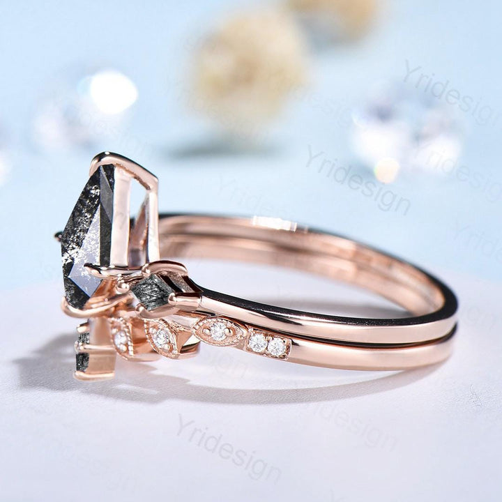 Three Stone kite Cut Salt and Pepper Diamond Engagement Ring Set Minimalist Black Rutilated Quartz Promise Ring 2pcs Bridal Wedding Gifts - PENFINE