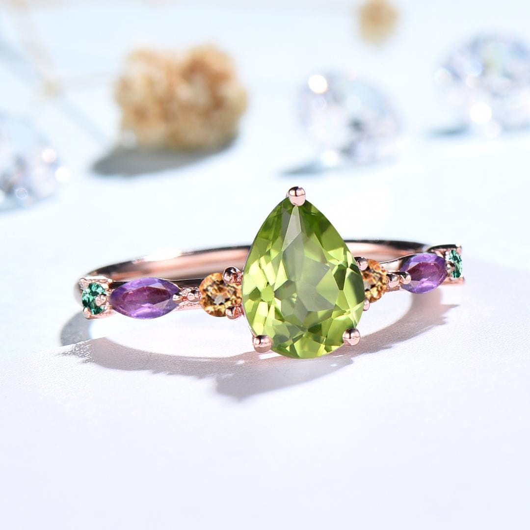 Vintage Pear Shaped Peridot Engagement Ring Multi-Stone Cluster Citrine Amethyst Emerald Wedding Ring Birthday Anniversary Promise Gift - PENFINE