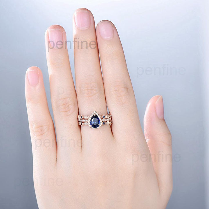 vintage salt and pepper diamond engagement ring set rose gold halo diamond marquise milgrain wedding ring handmade anniversary ring women - PENFINE