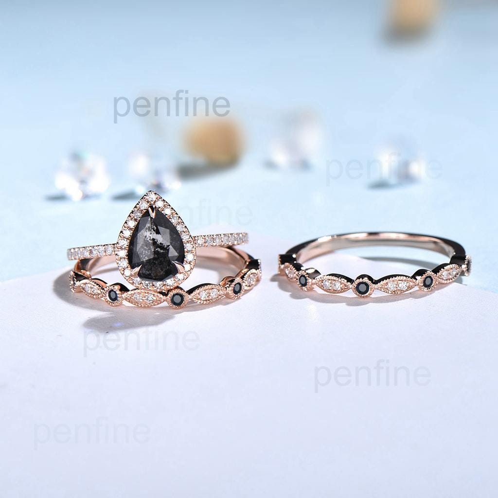 vintage salt and pepper diamond engagement ring set rose gold halo diamond marquise milgrain wedding ring handmade anniversary ring women - PENFINE