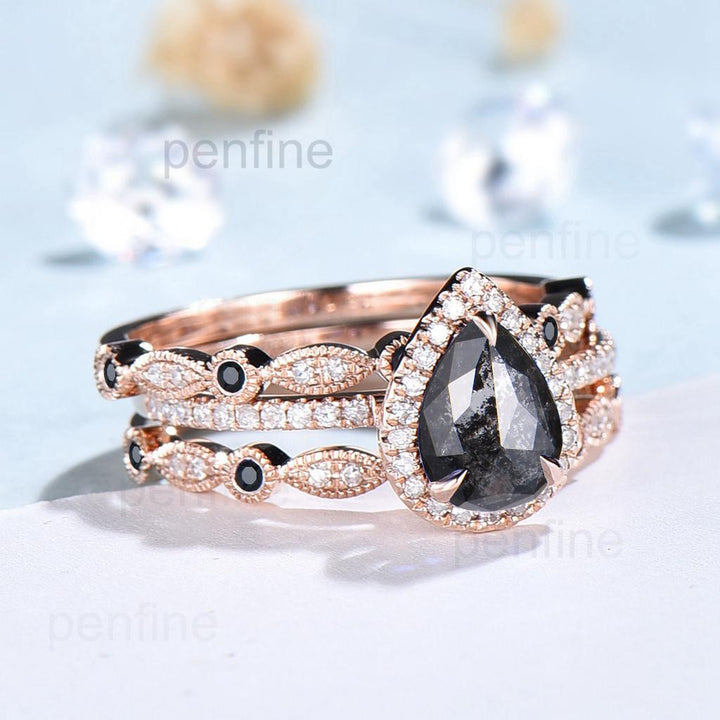 vintage salt and pepper diamond engagement ring set rose gold halo diamond marquise milgrain wedding ring handmade anniversary ring women - PENFINE