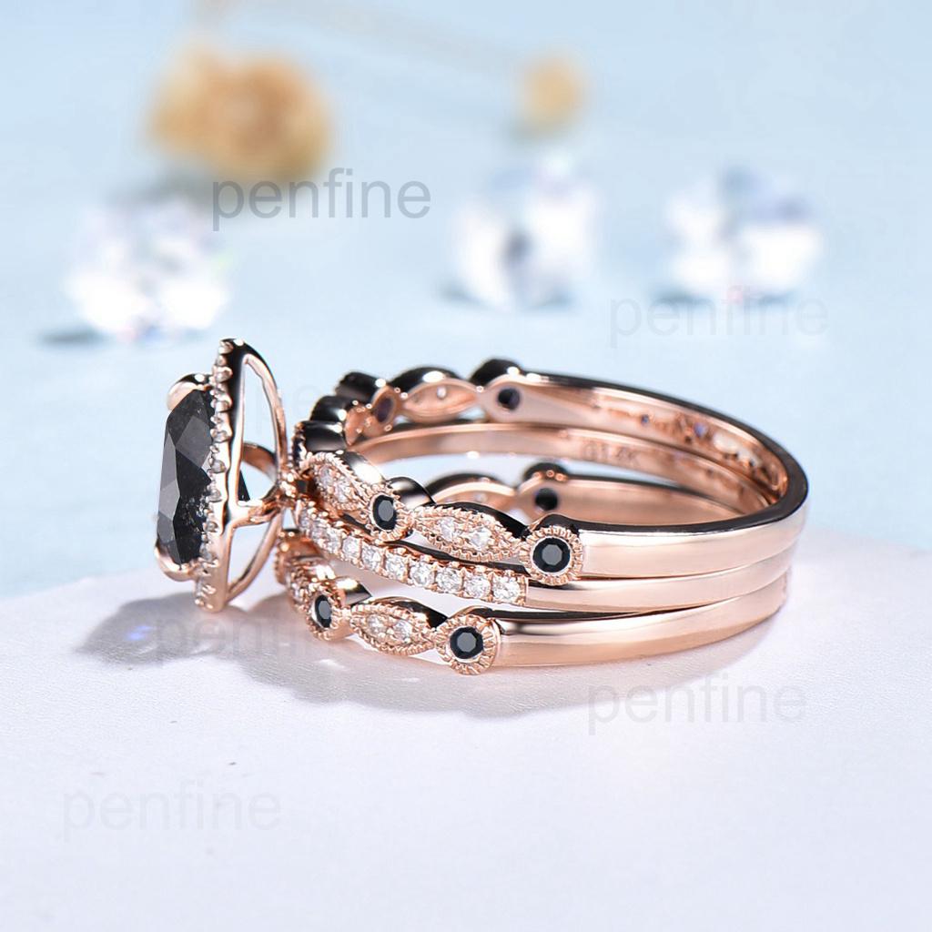 vintage salt and pepper diamond engagement ring set rose gold halo diamond marquise milgrain wedding ring handmade anniversary ring women - PENFINE