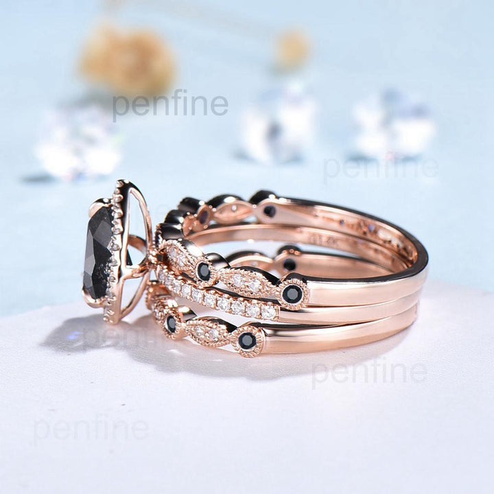 vintage salt and pepper diamond engagement ring set rose gold halo diamond marquise milgrain wedding ring handmade anniversary ring women - PENFINE