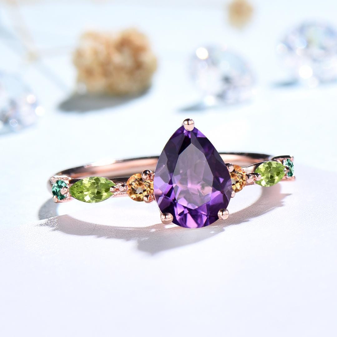 Vintage Pear Shaped Natural Amethyst Engagement Ring Multi-Stone Cluster Citrine Peridot Wedding Ring Feb Birthday Anniversary Promise Gift - PENFINE