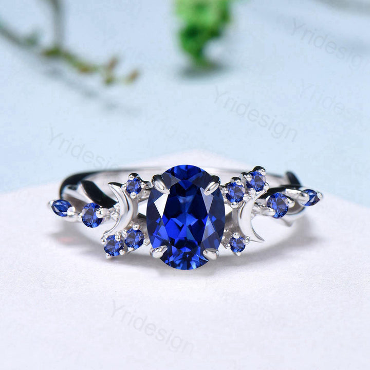 Unique 1.5CT Oval Cut Blue Sapphire Engagement Ring Vintage Moon Promise Ring Twig  Branch Vine Cluster Wedding Ring Anniversary Gift Women - PENFINE