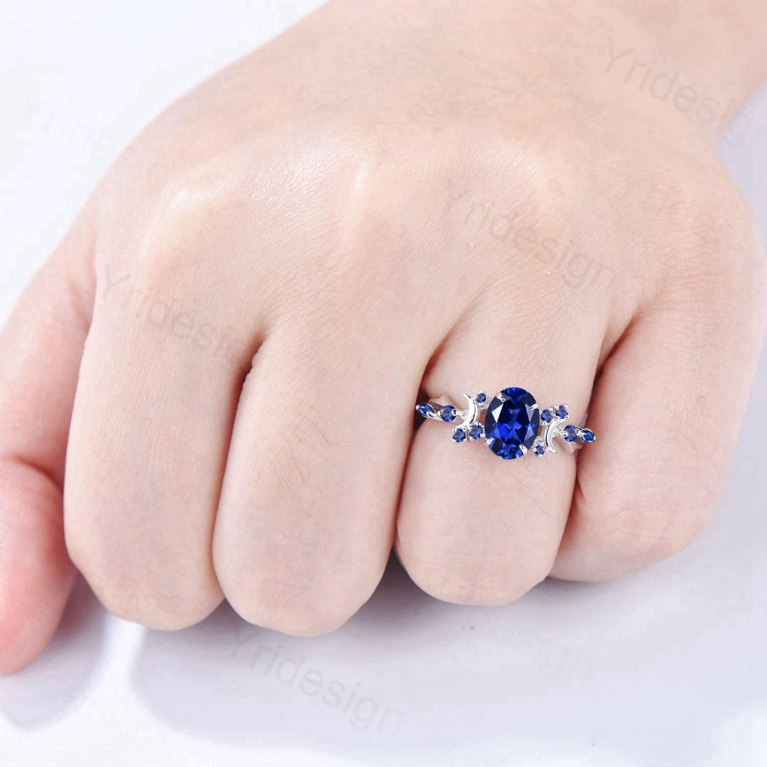 Unique 1.5CT Oval Cut Blue Sapphire Engagement Ring Vintage Moon Promise Ring Twig  Branch Vine Cluster Wedding Ring Anniversary Gift Women - PENFINE