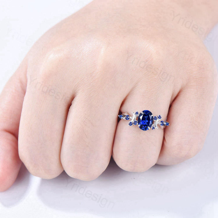 Unique 1.5CT Oval Cut Blue Sapphire Engagement Ring Vintage Moon Promise Ring Twig  Branch Vine Cluster Wedding Ring Anniversary Gift Women - PENFINE