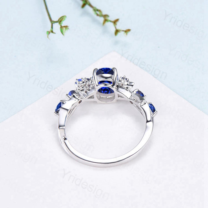 Unique 1.5CT Oval Cut Blue Sapphire Engagement Ring Vintage Moon Promise Ring Twig  Branch Vine Cluster Wedding Ring Anniversary Gift Women - PENFINE