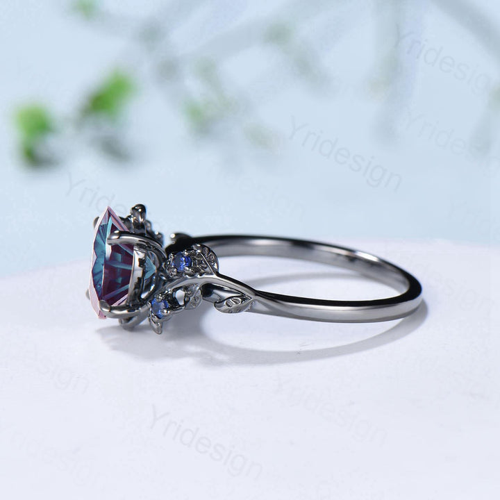 Unique Black Gold Fireworks Cut Oval Cut Alexandrite Engagement Ring Nature Inspired Color Changing Leaf Vine Cluster Sapphire Wedding Ring - PENFINE
