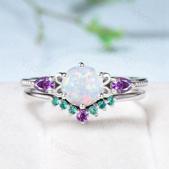 Vintage White Opal Engagement Ring Set, Pear Amethyst Emerald Accent, Milgrain 14K Gold - PENFINE