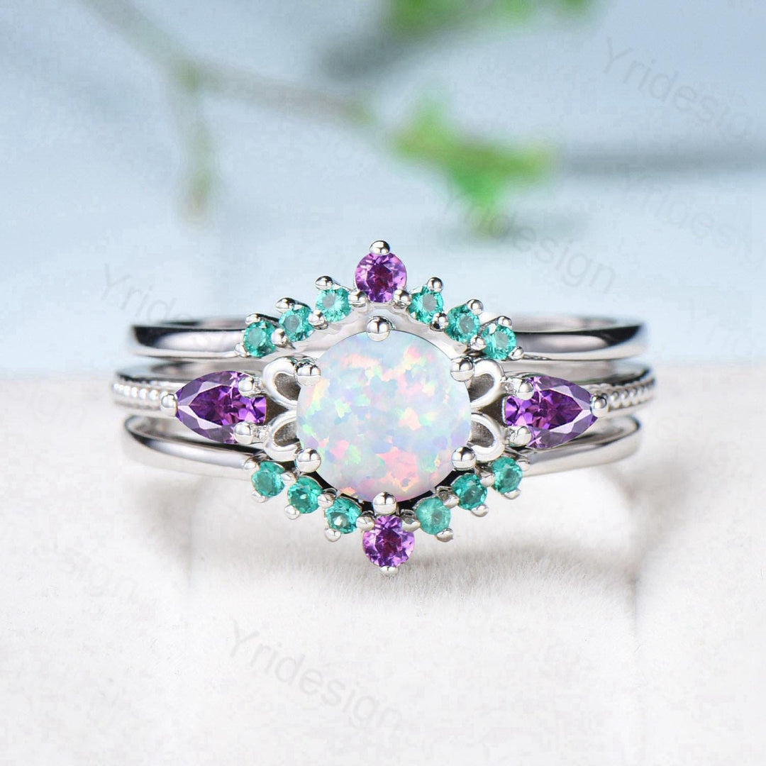 Vintage White Opal Engagement Ring Set, Pear Amethyst Emerald Accent, Milgrain 14K Gold - PENFINE
