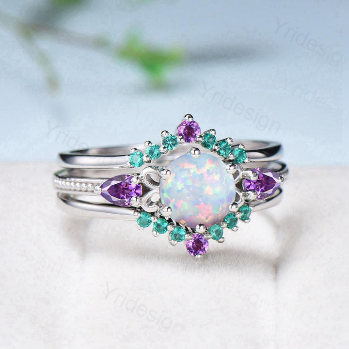 Vintage White Opal Engagement Ring Set, Pear Amethyst Emerald Accent, Milgrain 14K Gold - PENFINE