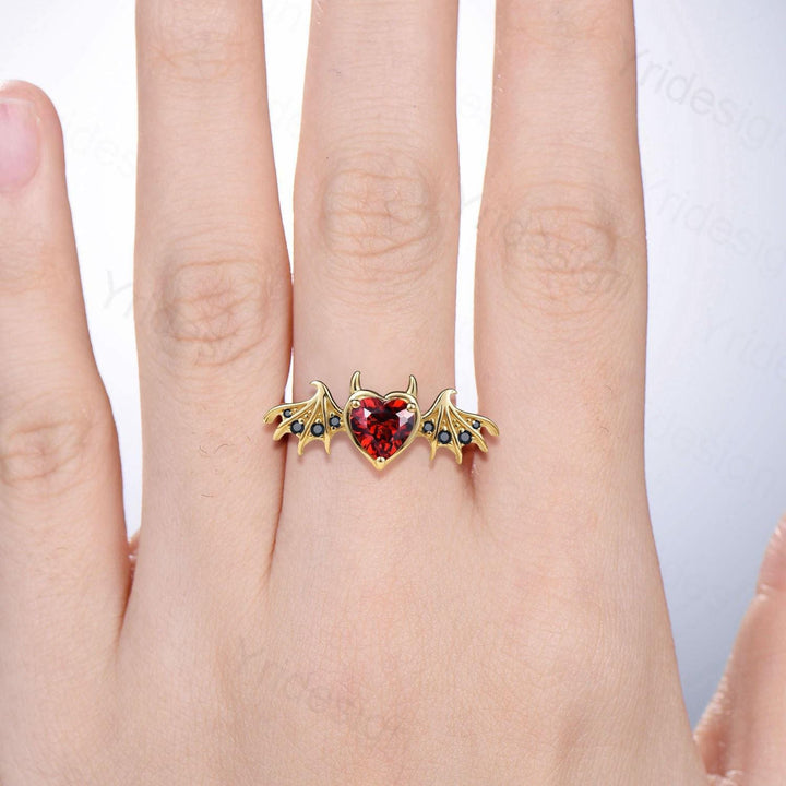 Heart Garnet Bat Wing Ring, Black Spinel Devil Engagement Ring - PENFINE