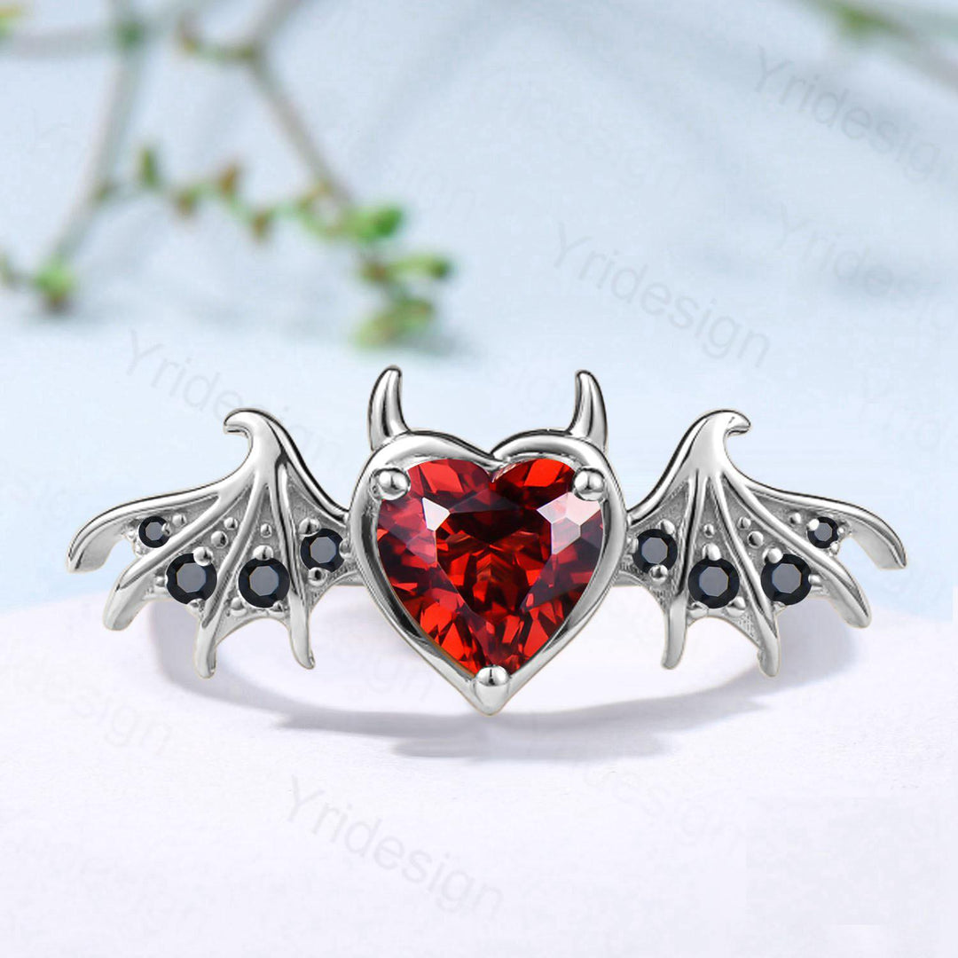 Heart Garnet Bat Wing Ring, Black Spinel Devil Engagement Ring - PENFINE