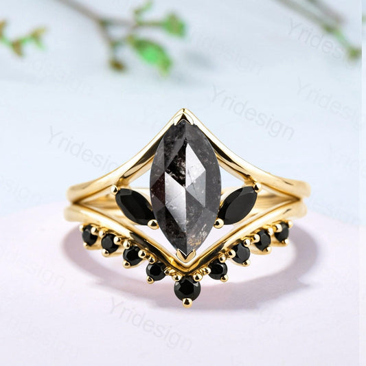 Marquise Salt and Pepper Diamond Ring Set, Black Spinel Accent, Handmade - PENFINE