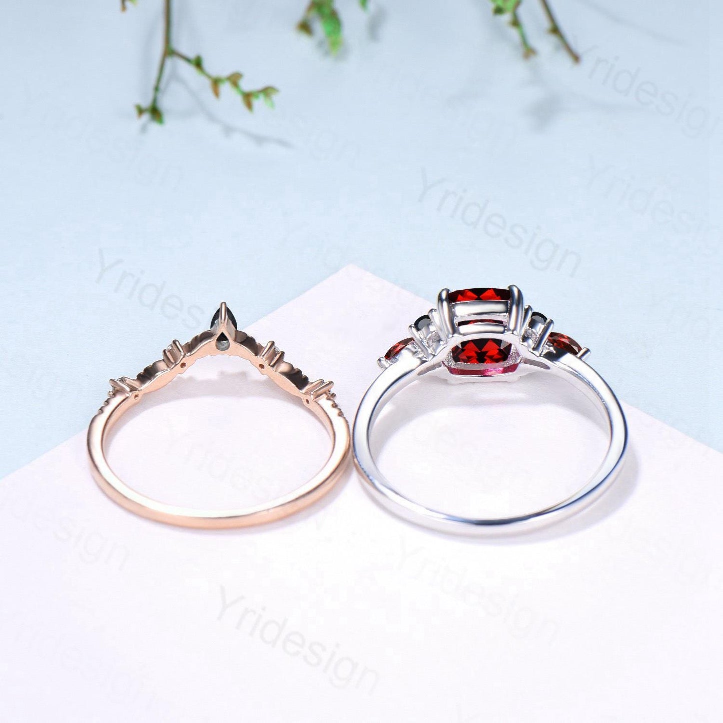 Cushion Garnet Statement Ring, Black Spinel Accent, 14K Gold - PENFINE