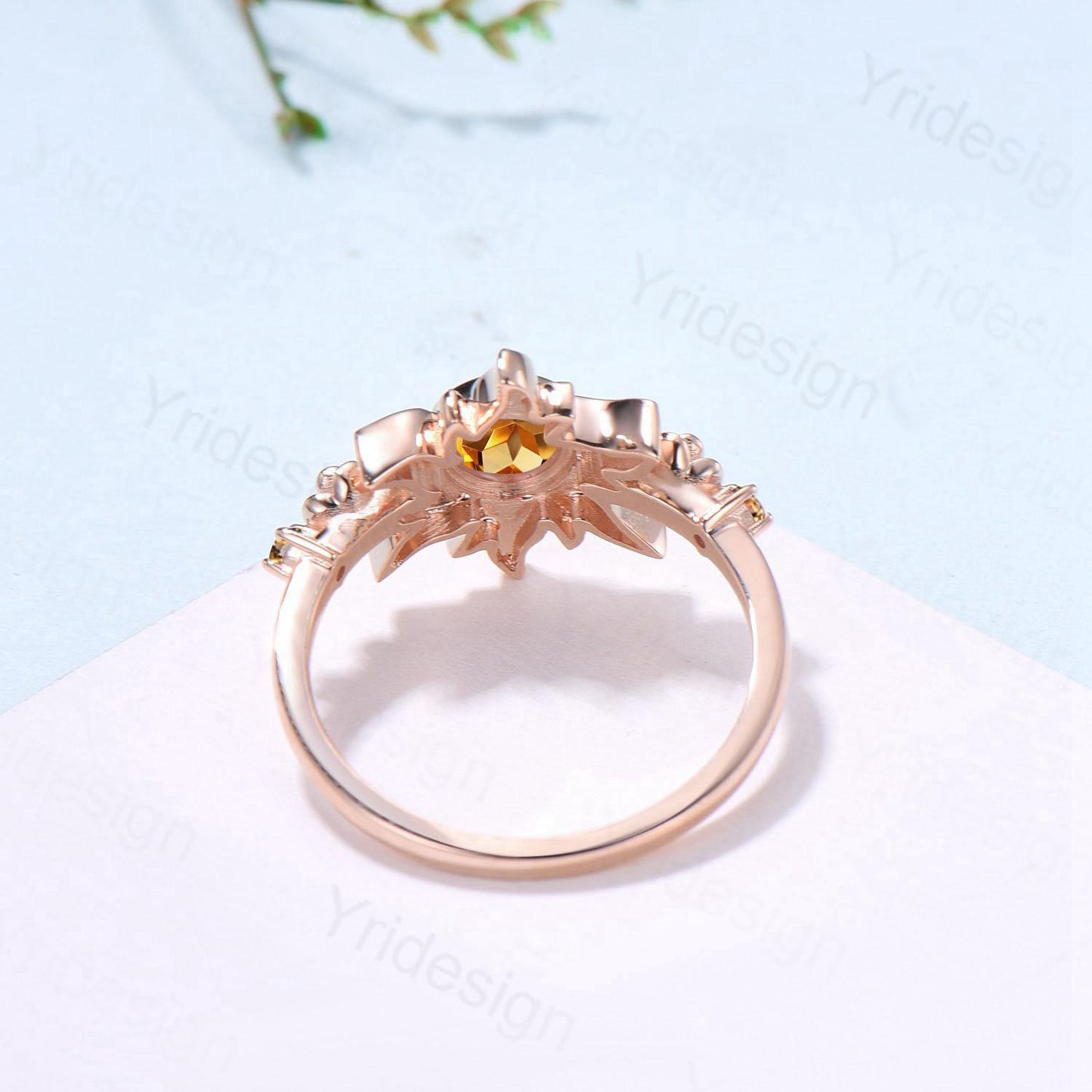 Sunflower Citrine Engagement Ring, Rose Gold Flower Three Stone Ring - PENFINE