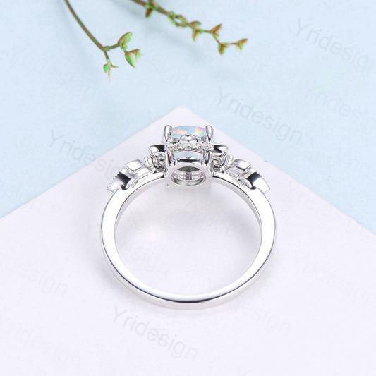 Floral White Fire Opal Engagement Ring, Emerald & Amethyst Lotus, White Gold Moon Jewelry - PENFINE