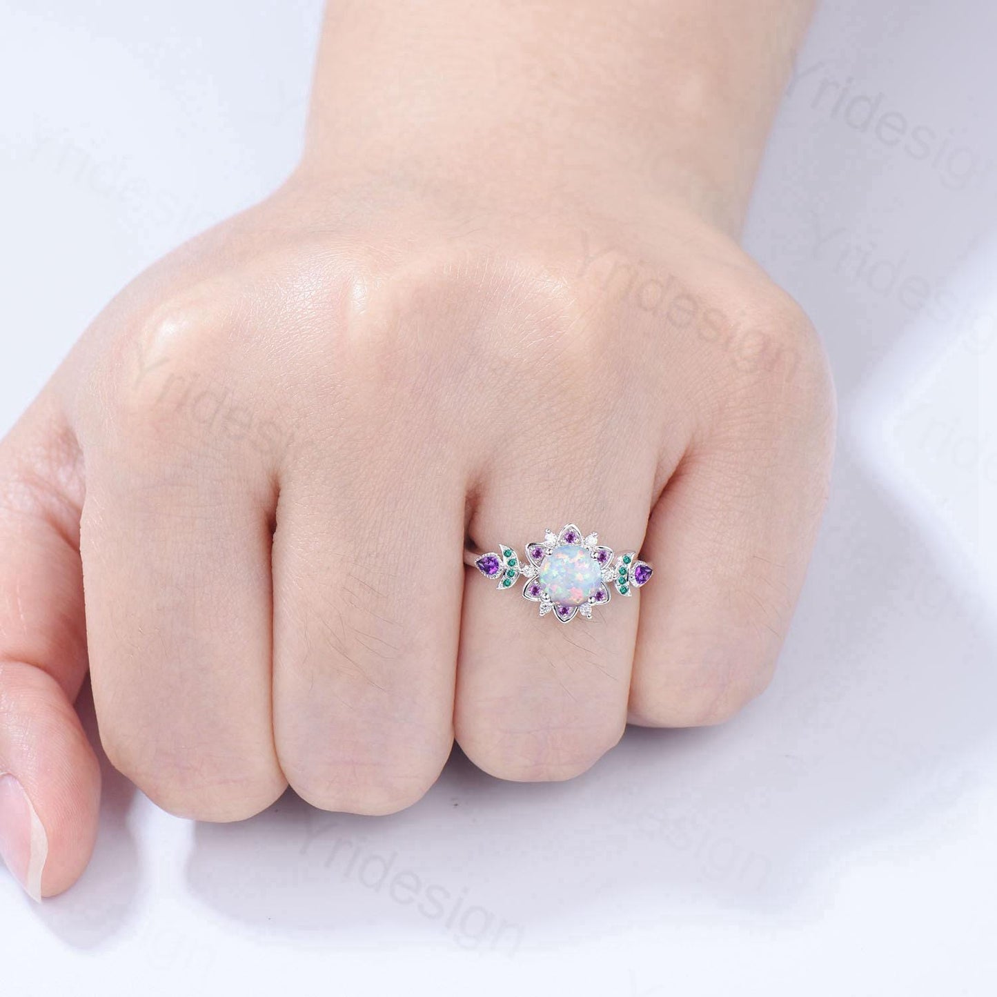 Floral White Fire Opal Engagement Ring, Emerald & Amethyst Lotus, White Gold Moon Jewelry - PENFINE