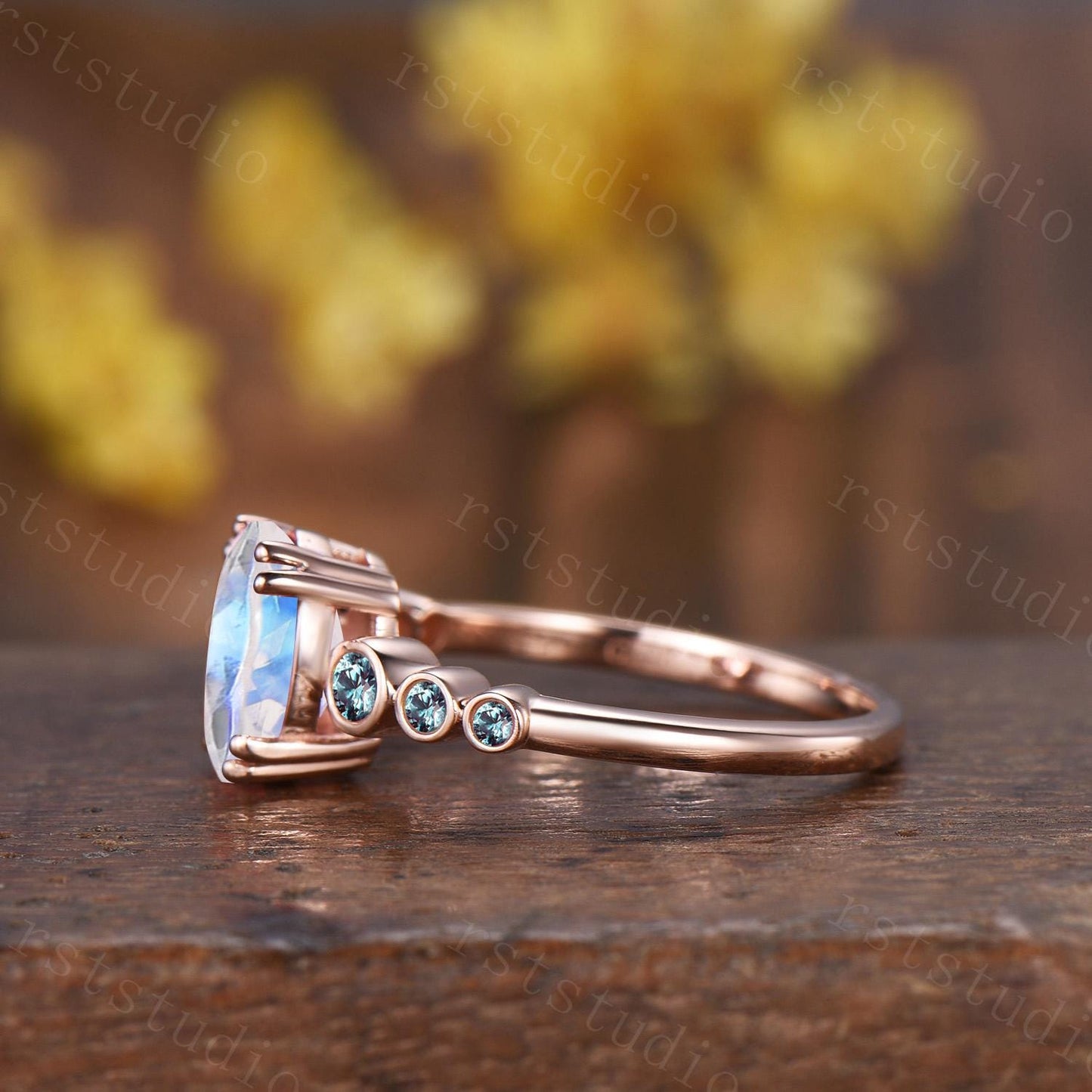 Oval Moonstone Engagement Ring, 14K Rose Gold Alexandrite Band, Bezel Set Bridal Ring