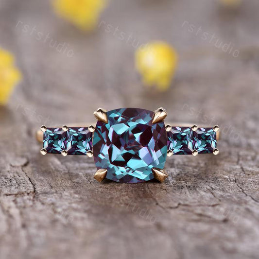 Cushion Cut Alexandrite Engagement Ring, Yellow Gold Five Stone, June Birthstone Promise Ring