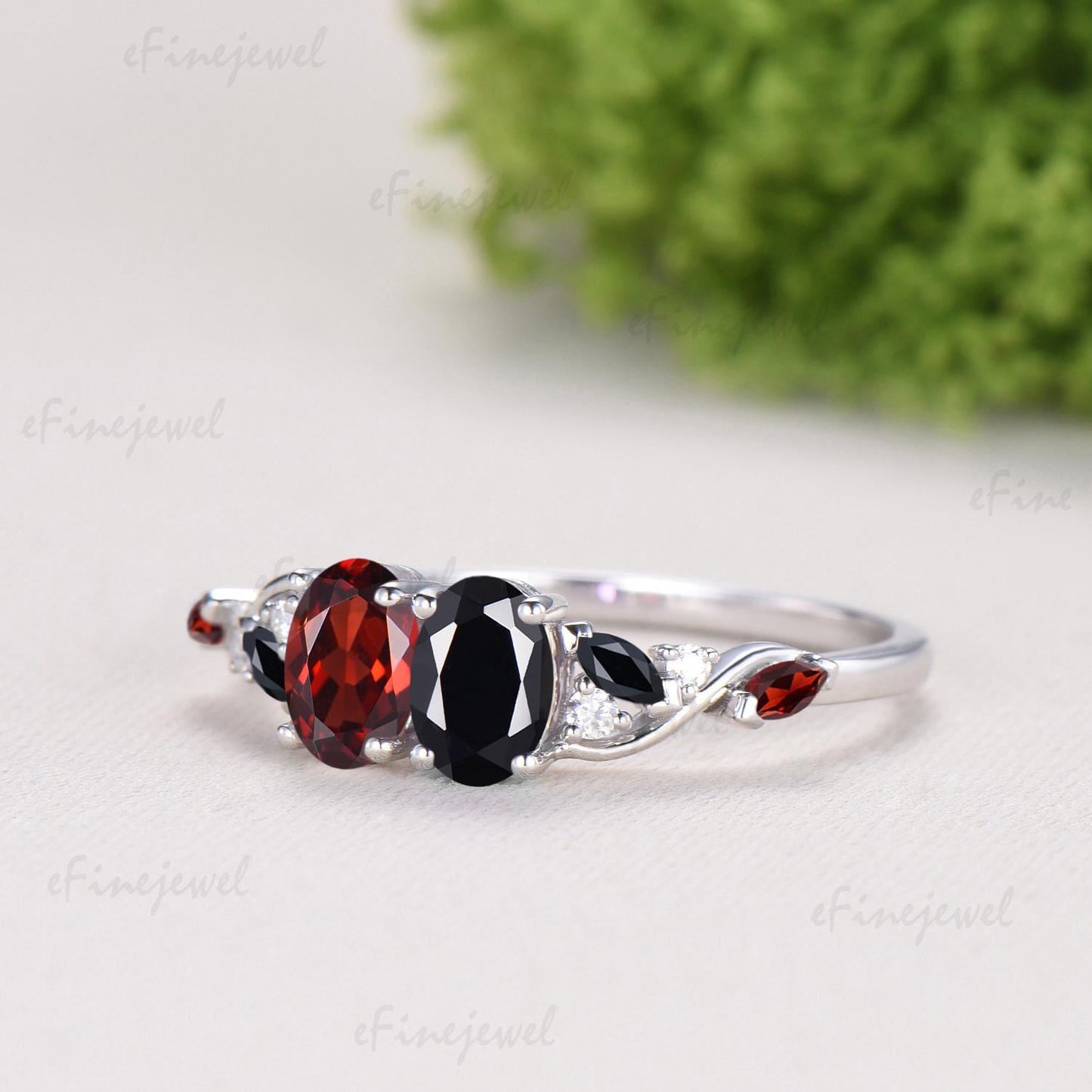Vintage Oval Cut Garnet Black Onyx Engagement Ring | 14K White Gold Toi et Moi Vine Stacking Band - PENFINE