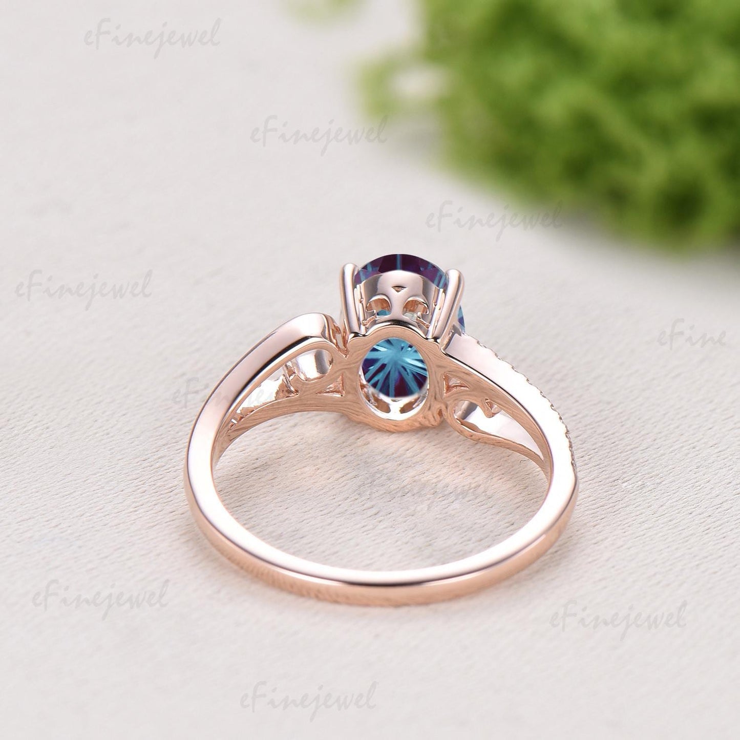 Retro Oval Cut Firework Cut Alexandrite Engagement Ring, 14K Rose Gold Color Change Stone Promise Ring - PENFINE