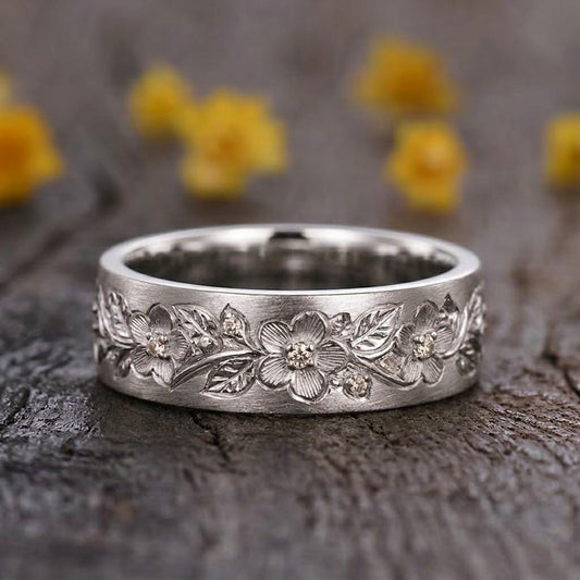 14k Solid Gold Flower Ring: Nature Inspired Mens Wedding Band, Matt Finish
