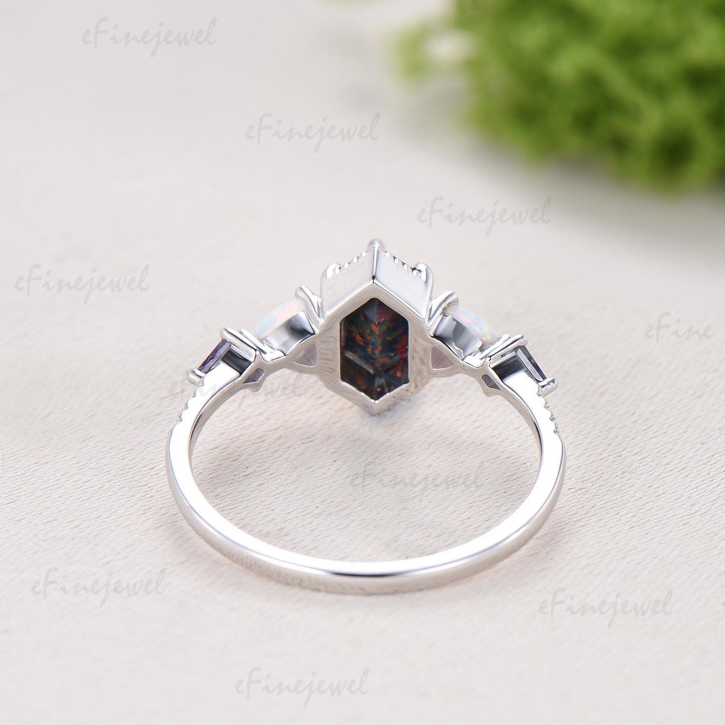 Unique 5X9mm long hexagon black opal engagement ring Five stone triangle white opal kite alexandrite anniversary ring gift for women - PENFINE