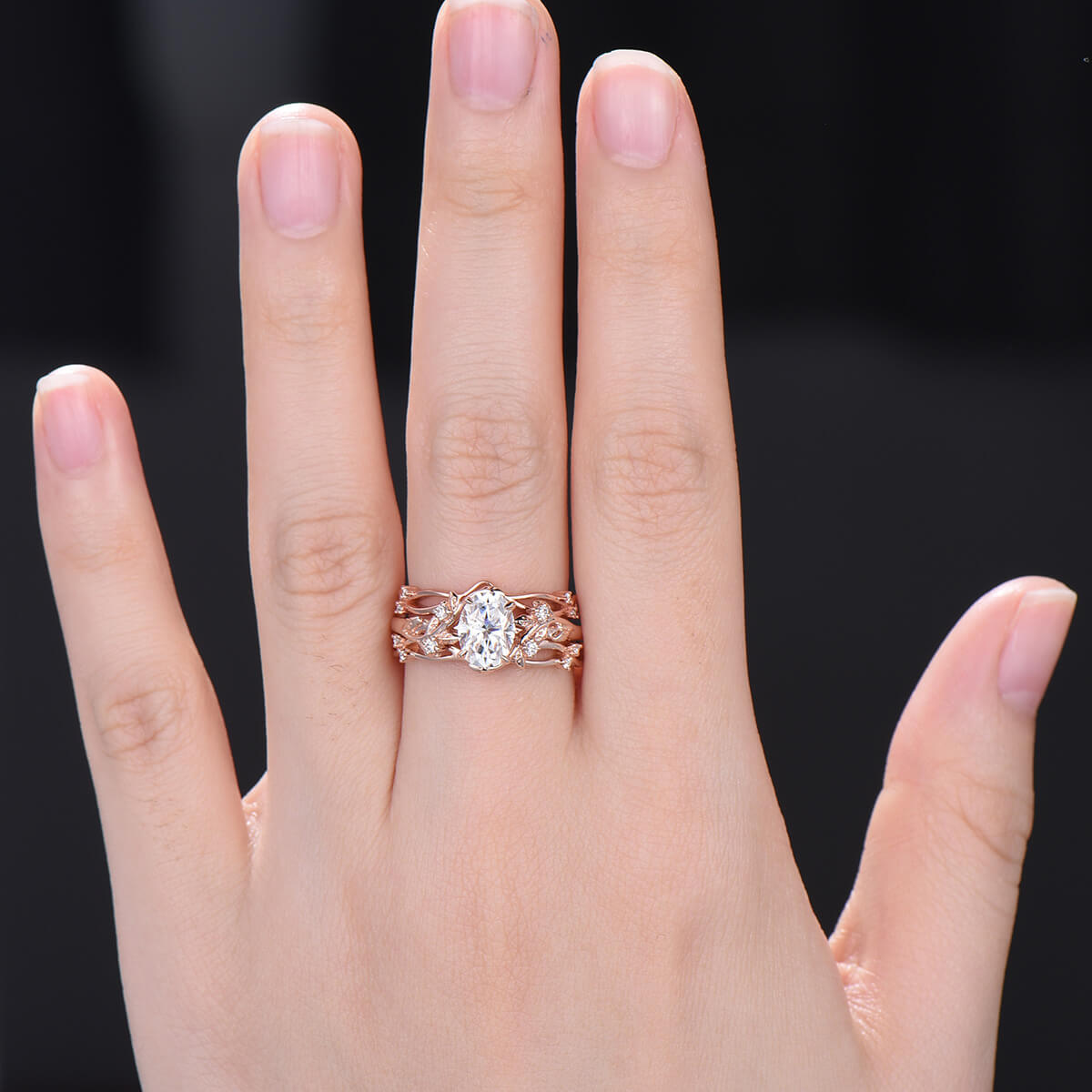 3pcs Nature Inspired Oval moissanite engagement ring set cluster branch leaf moissanite bridal set vintage unique wedding ring set for women - PENFINE
