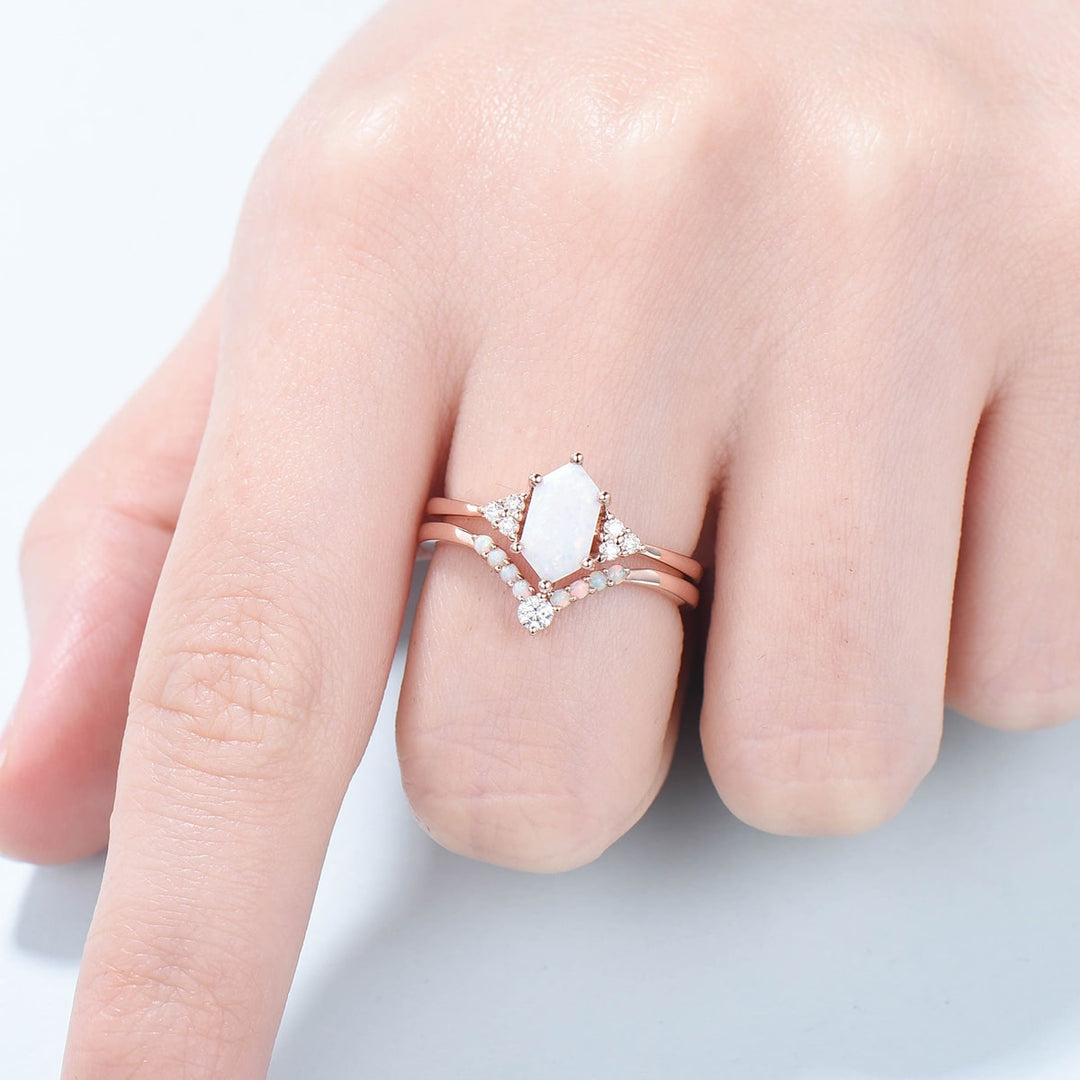 Retro Long hexagon fire opal ring women vintage white opal engagement ring set crown moissanite Stacking ring Wedding Gold Band Ring Set - PENFINE