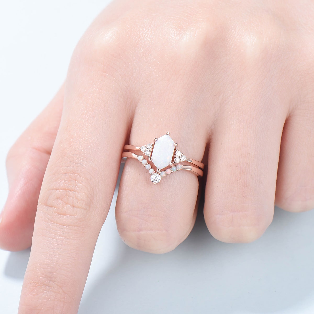 Retro Long hexagon fire opal ring women vintage white opal engagement ring set crown moissanite Stacking ring Wedding Gold Band Ring Set - PENFINE