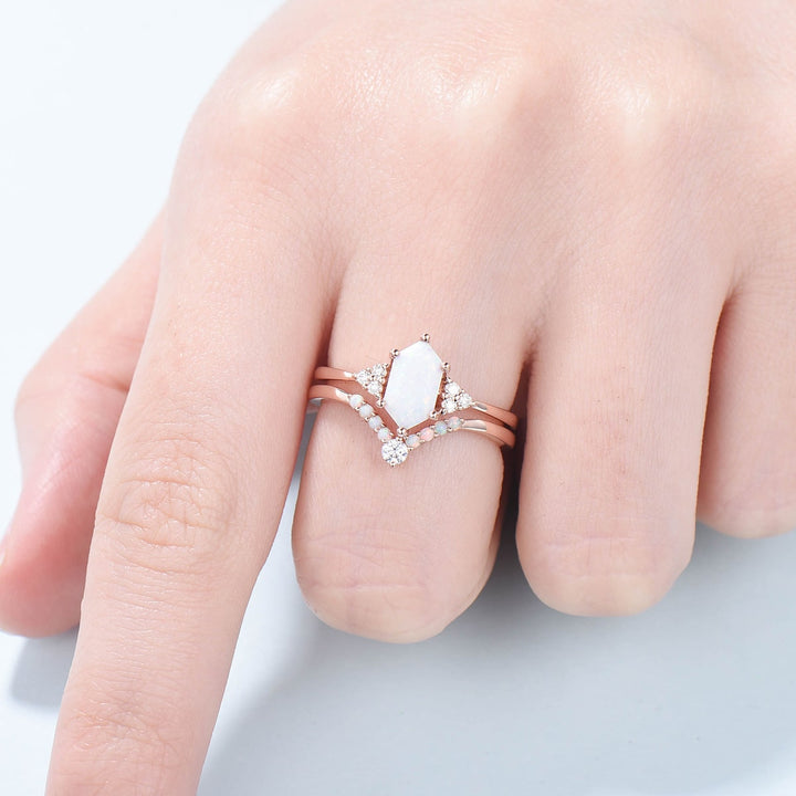 Retro Long hexagon fire opal ring women vintage white opal engagement ring set crown moissanite Stacking ring Wedding Gold Band Ring Set - PENFINE