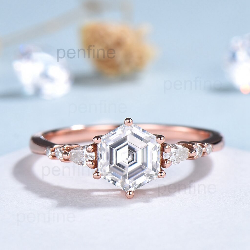 Minimalist moissanit Hexagon cut engagement ring women PenFine