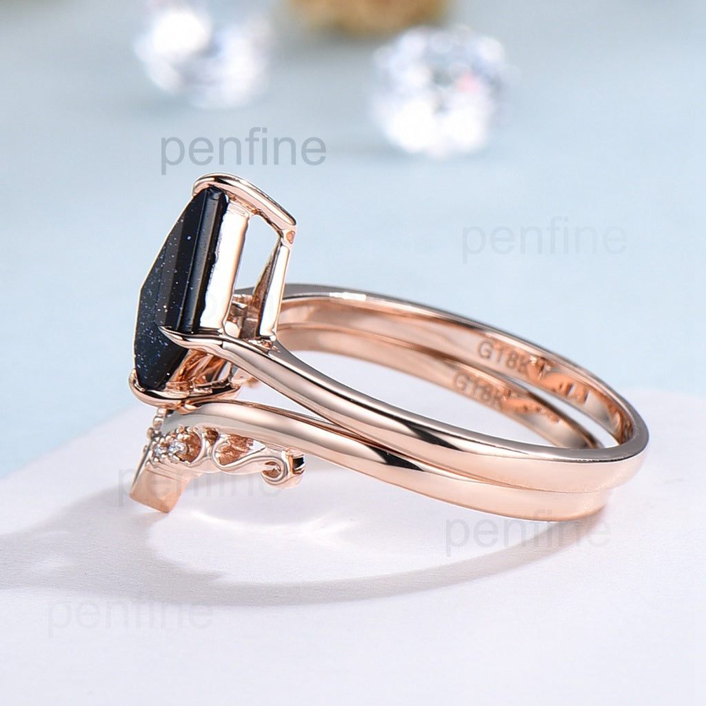 Kite cut blue sandstone ring for women solitaire engagement ring set 14k rose gold - PENFINE