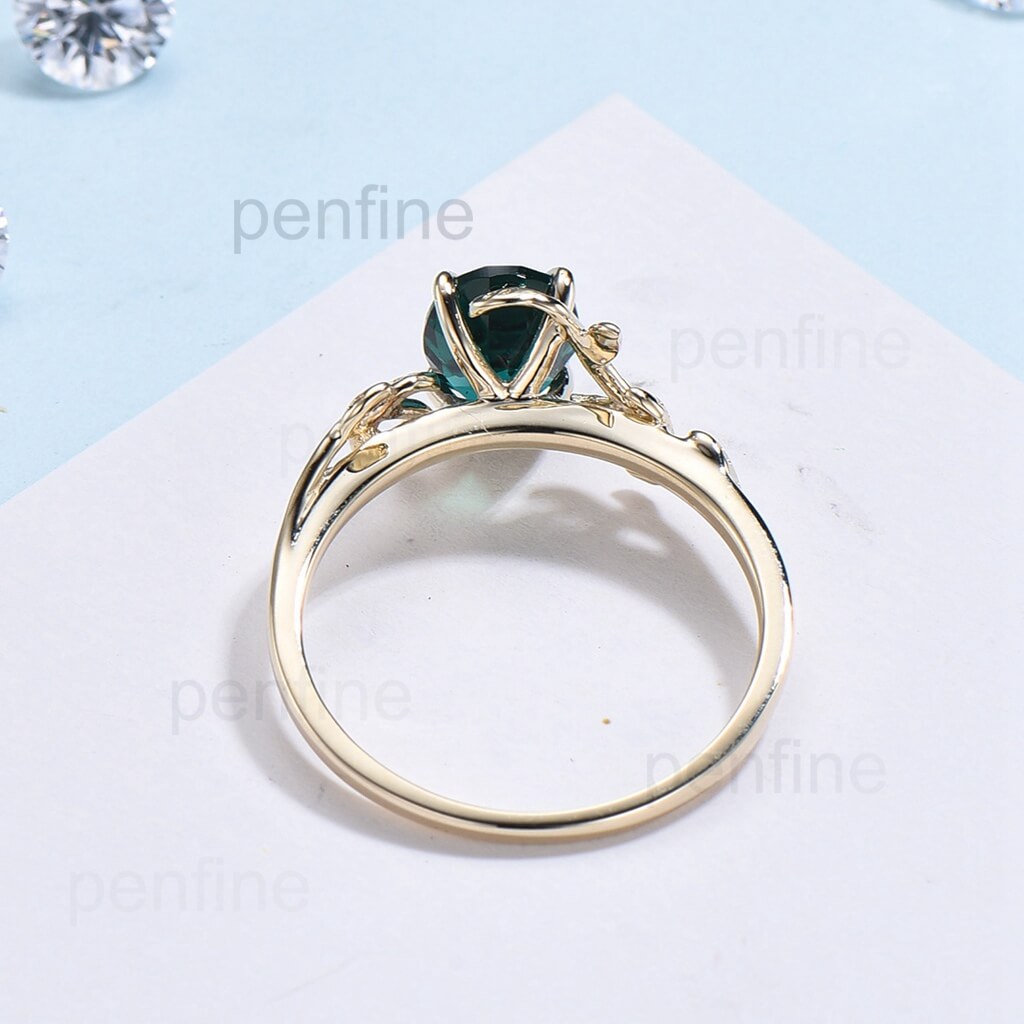 Filigree Leaf Flower Oval Lab Emerald Solitaire Engagement Ring - PENFINE