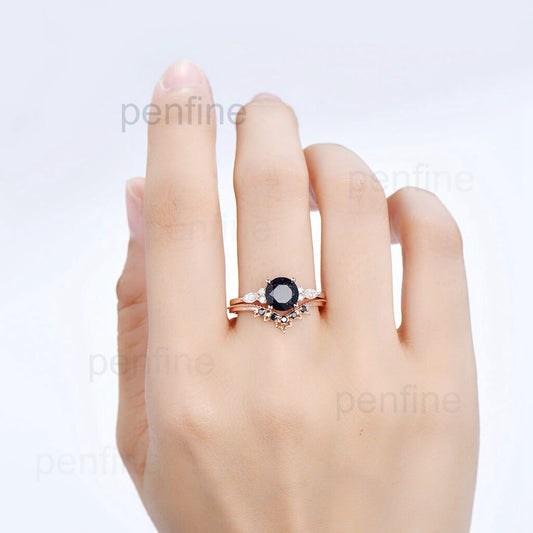 Vintage 1 Carat Blue Sandstone Engagement Ring Set Black Spinel Band WIS402 - PENFINE