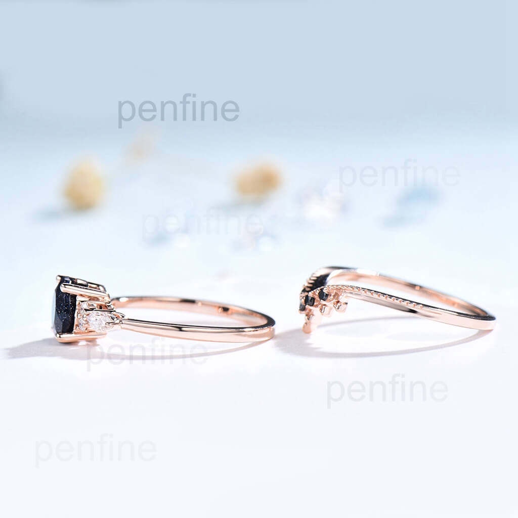 Vintage 1 Carat Blue Sandstone Engagement Ring Set Black Spinel Band WIS402 - PENFINE