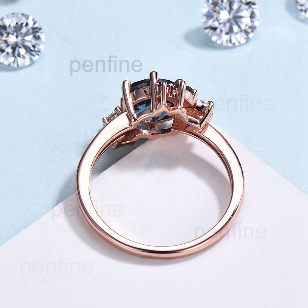 Unique Alexandrite Engagement Ring 7mm Round Cut June Birthstone Anniversary Promise Gift For Women Cluster Marquise Moissanite Wedding Ring - PENFINE