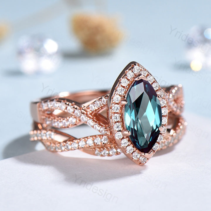 2pcs Marquise cut alexandrite ring set | infinity classic engagement ring set rose gold | Unique twisted wedding bridal anniversary gift - PENFINE