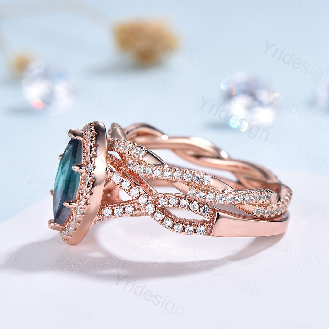 2pcs Marquise cut alexandrite ring set | infinity classic engagement ring set rose gold | Unique twisted wedding bridal anniversary gift - PENFINE