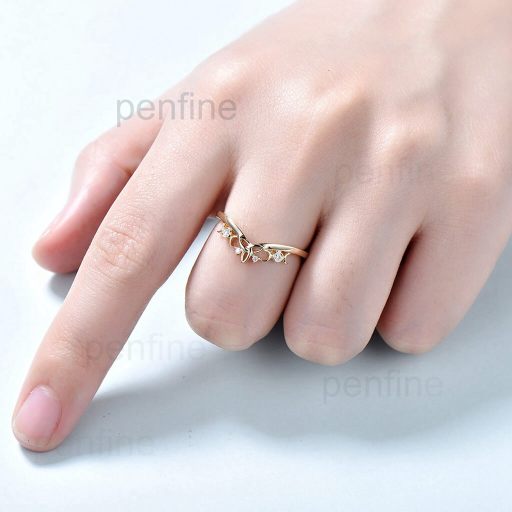 Unique diamond wedding ring moon ring norse viking ring vintage diamond wedding band 14k white gold ring anniversary bridal ring for women - PENFINE