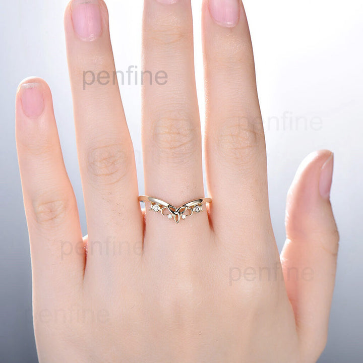 Unique diamond wedding ring moon ring norse viking ring vintage diamond wedding band 14k white gold ring anniversary bridal ring for women - PENFINE
