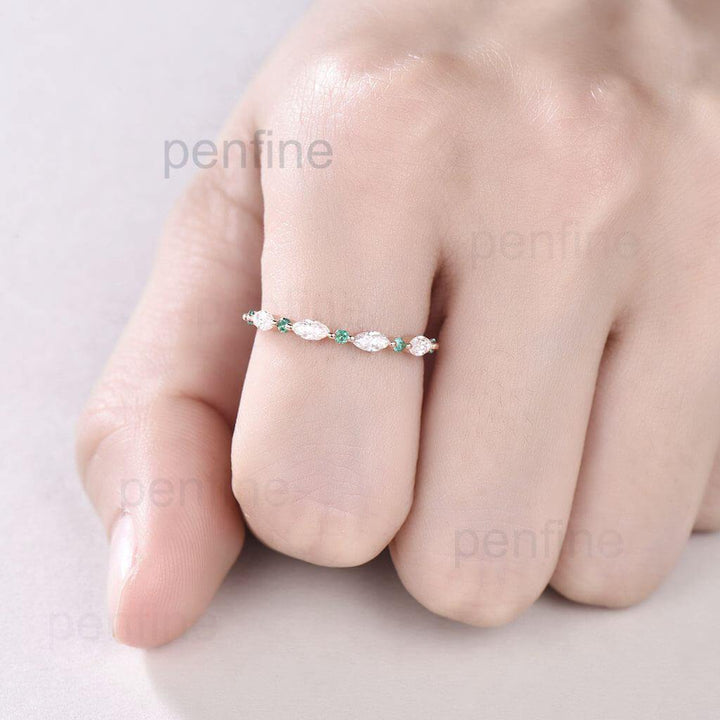 Vintage Marquise Moissanite Emerald  Wedding Ring