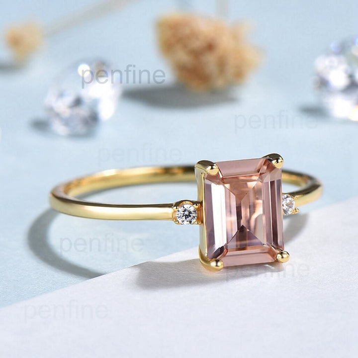 Three Stone Morganite Diamond Solitaire Engagement Ring Yellow Gold - PENFINE