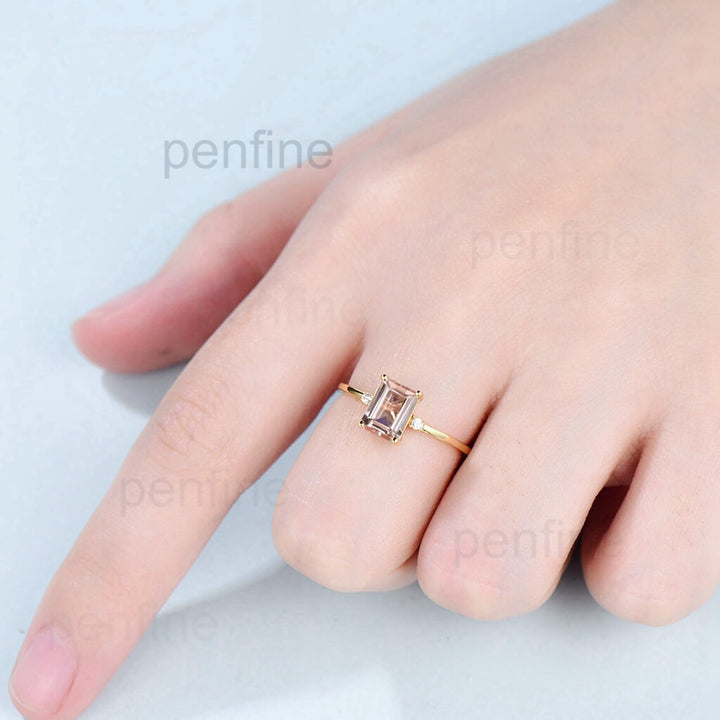 Three Stone Morganite Diamond Solitaire Engagement Ring Yellow Gold - PENFINE