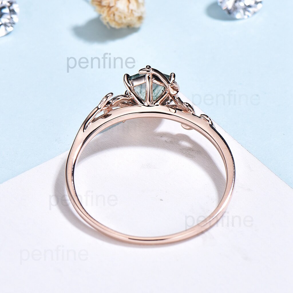 Leaf Flower Hexagon Moss Agate Engagement Ring Solitaire - PENFINE