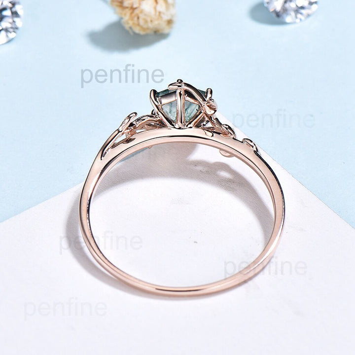 Leaf Flower Hexagon Moss Agate Engagement Ring Solitaire - PENFINE