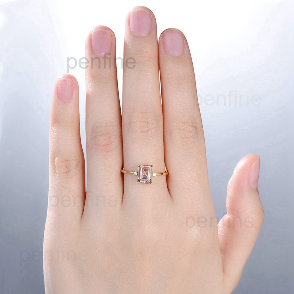 Three Stone Morganite Diamond Solitaire Engagement Ring Yellow Gold - PENFINE
