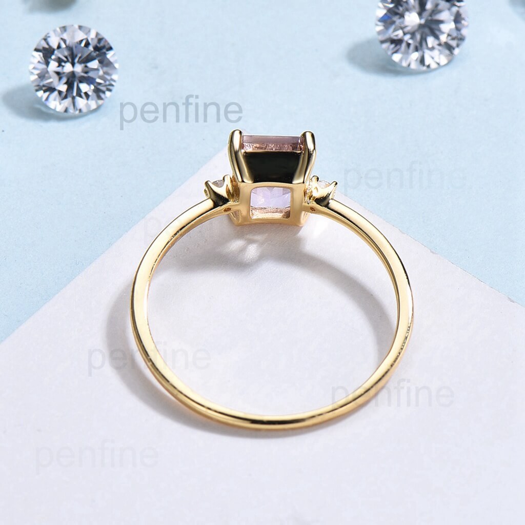 Three Stone Morganite Diamond Solitaire Engagement Ring Yellow Gold - PENFINE